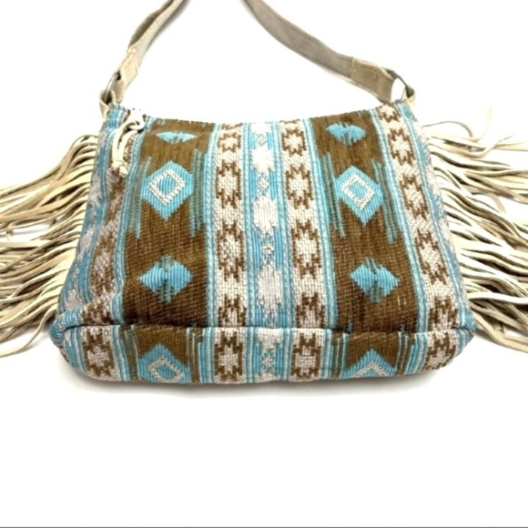 MINNETONKA Baja Western Jacquard Boho chic Suede Fringe Crossbody Bag Ivory Blue - Picture 6 of 12